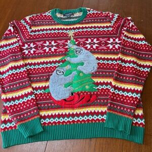 33 Degrees Sloth Christmas Tree Fair Isle Red XL Ugly Christmas Sweater Holiday